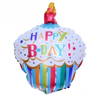 Helio balionas su gimtadieniu keksiuko forma, dryžuotas