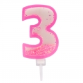 Rožinė žvakutė tortui skaičius "3"