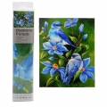 Deimantinė mozaika ant drobės "Mėlyni paukščiai ir gėlės", 30 x 40 cm